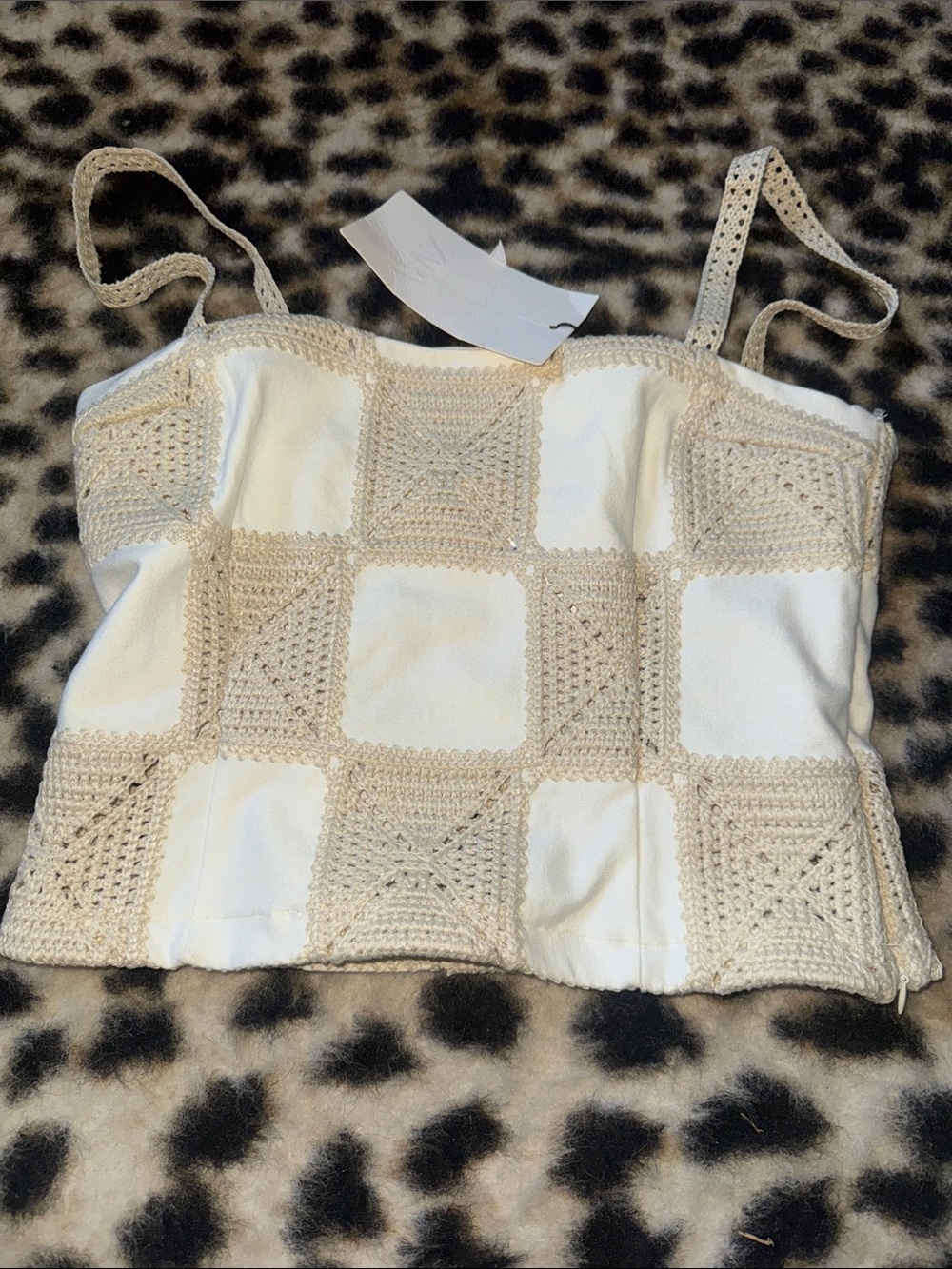 Zara Cream Crochet Square Patch Cami Top